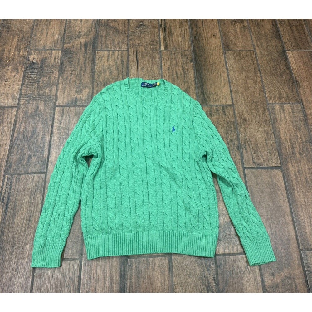 Polo Ralph Lauren Cable Lnit Mens Pure Cotton Green Sweater Old Money Size XL